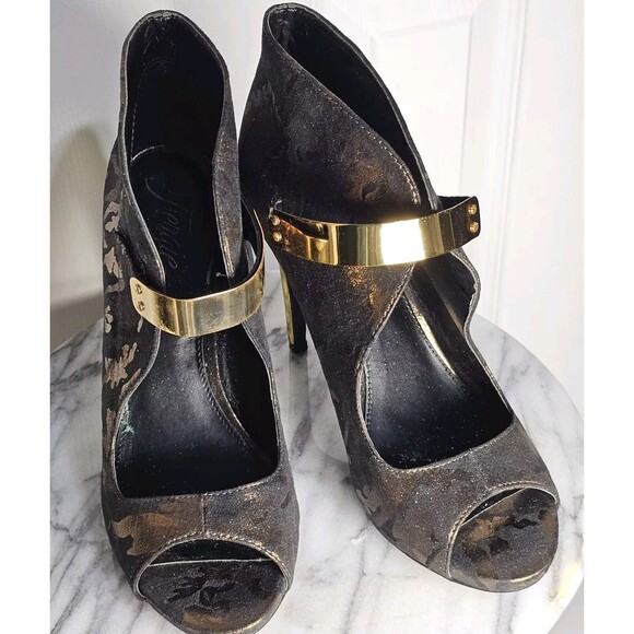 Fergie Remix Peep Toe Dress Pump Bronz Metallic Camouflage Hook Loop US 7.5M - Picture 7 of 10